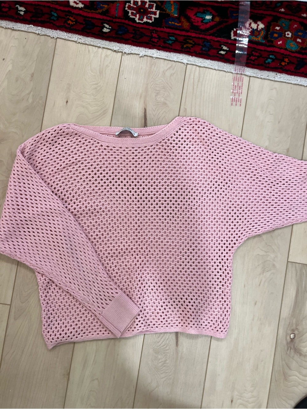 Women's Pink Open-Weave Crewneck Sweater